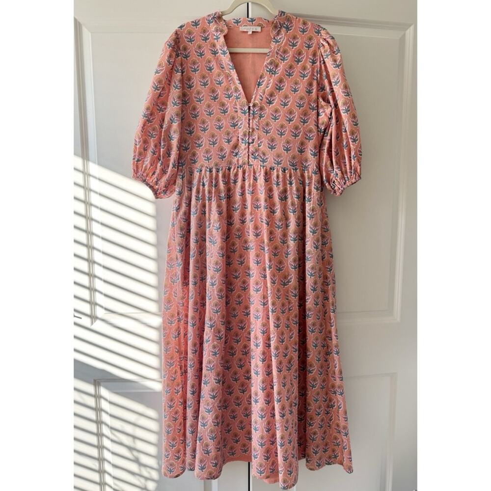 Marea Colette Coral Multi Floral Short Puff Sleeves Cottagecore Midi Dress Large - Picture 3 of 12
